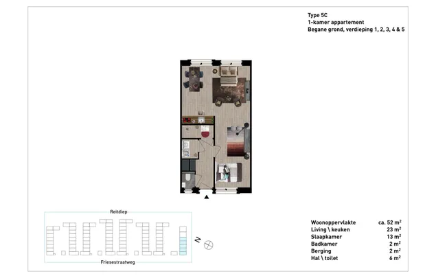 Huur 2 slaapkamer appartement van 48 m² in AD GRONINGEN